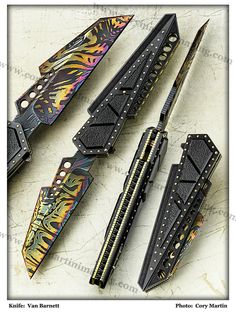 four different types of knifes with designs on them, one is black and the other is gold