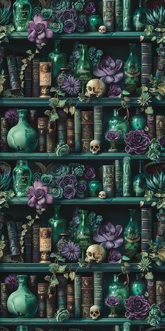 a shelf filled with lots of green and purple vases