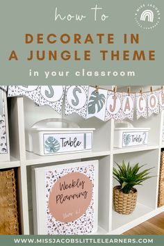 a shelf with some cards on it and the words how to decorate in jungle theme