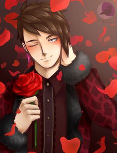 a man holding a red rose in his hand and surrounded by hearts on the ground