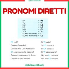 an italian language poster with the words pronomi diretti in red and green