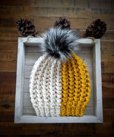 This hat is uniquely adorable; Half mustard yellow, half white cream and all gorgeous!  Made from a super soft acrylic-wool blended yarn from Big Twist Yarns, it's the perfect gorgeous accessory to any outfit! It's topped with a white and black luxury faux-fur pom and looks fantastic with so many different outfits, jackets and coats.  Size: Teen - Adult  *Note: This can be made in any size needed! White Fall Hat, One Size Fits Most, White Crochet Beanie Hat For Fall, White Crochet Beanie For Fall, White Brimmed Fall Hat, White Fall Cap Hat, White Cap For Fall, Yellow Fall Cap Hat, White Crochet Hat With Curved Brim For Winter, Cream Hat