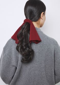 Large flat lay scrunchie with a hair tie. features an embroidered logo and overlock trimming. diameter 24cm.    hand wash cold.  polyester and polyurethane crepe knit.  made in korea. Mohair Scrunchie, Maroon Scrunchie, Oversized Scrunchie, Adjustable Red Bow Hair Accessories, Silver Sisters, Velvet Scrunchie, Bow Blouse, Engineered Garments, Headbands For Women