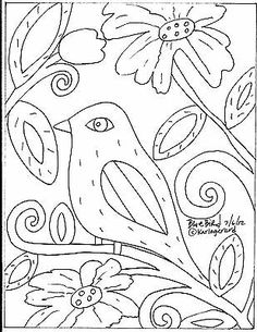 a black and white drawing of a bird on a branch with flowers