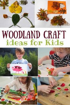 the cover of woodland craft ideas for kids with pictures of leaves and flowers on them