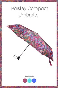 Take a look at our brand new paisley automatic compact umbrellas. They have a lovely bright paisley pattern across the canopy and come with a sleeve in a matching fabric. The umbrellas open and close at the touch of a button, making them really useful in sudden downpour. Button Making, Compact Umbrella, Folding Umbrella, Paisley Pattern, Wrist Strap, Umbrella, Paisley, Fabric, Pattern