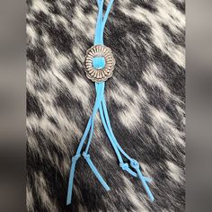 Nwt Western Concho Bolo Tie Necklace Turquoise Teal Leather Adjustable New With Tags Rodeo Wear, Nashville Broadway Outfit, Nfr Fashion, Western Wear. The Perfect Layering Necklace Offers Are Always Welcome Leather Bolo Tie, Southwestern Blue Concho Necklace, Western Blue Concho Necklace, Southwestern Style Blue Concho Necklace, Blue Western Style Concho Necklace, Southwestern Blue Turquoise Necklace With Concho, Blue Bohemian Concho Necklace, Bohemian Blue Concho Necklace, Blue Necklaces With Adjustable Length For Beach