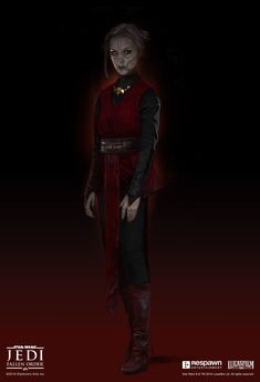 a character from star wars the old republic standing in front of a dark background with red light