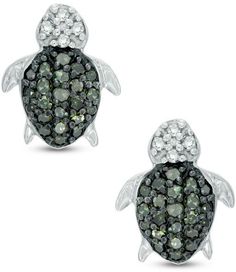 Zales 1/6 CT. T.W. Enhanced Green and White Diamond Turtle Stud Earrings in Sterling Silver Gift Green Diamond Earrings In Sterling Silver, Green Sterling Silver Diamond Earrings Gift, Green Sterling Silver Diamond Earrings, Terrapin, Green Diamond, Sterling Silver Earrings Studs, White Diamonds, Green And White, White Diamond