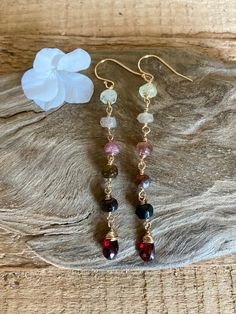 Gold filled dangle earrings with faceted garnet and tourmaline gemstones Ear Art, Gemstone Pendant Necklace, Gold Dangle Earrings, Beading Ideas, Gemstone Necklace Pendant, Tourmaline Gemstone, Garnet Gemstone, Gold Earrings Dangle, Etsy Earrings Dangle