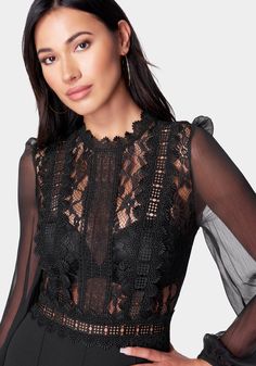 Lace Top Straight Leg Jumpsuit | bebe Elegant Formal Lace Dress With Lace Closure, Elegant Lace Dress With Lace Closure, Elegant Fitted Lace Dress With Lace Closure, Elegant Delicate Lace Dress For Date Night, Feminine Lace Dress With Sheer Sleeves, Elegant Lace Top With Lace Sleeves For Summer, Elegant Lace Trim Top For Party, Elegant Summer Lace Top With Lace Sleeves, Elegant Lace Top For Date Night