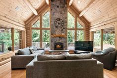 a living room filled with furniture and a fire place in the middle of a room