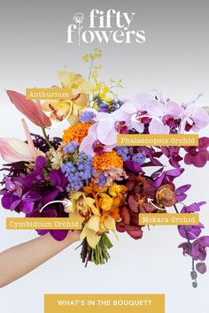 Gorgeous Bouquet Breakdown That Features Anthurium, Dendrobium Blue Dendrobium Orchids, White Dendrobium Orchids, Gloriosa Lily, Fifty Flowers, Bouquet Recipe, Oncidium Orchids, Tropical Bouquet, Orchid Varieties, Diy Bridal Bouquet