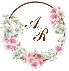 a floral wreath with the letter r in it's center, surrounded by pink and white flowers