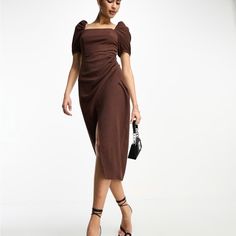 New Unlined No Pockets No Flaws Or Stains Puff Sleeve Midi Dress, Brown Square, Square Neck Dress, Asos Dress, Sleeve Midi Dress, Brown Dress, Texture Design, Wrap Skirt, Dress Details