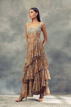 Bhumika Sharma-Ambi Jaal Print Rufflle Dress With Embroidered Yoke-INDIASPOPUP.COM Bhumika Sharma, Layered Ruffle Dress, Floral Frocks, Ruffle Gown, Frock Fashion, Frock For Women, Printed Gowns, Gowns Online, Indian Fashion Designers