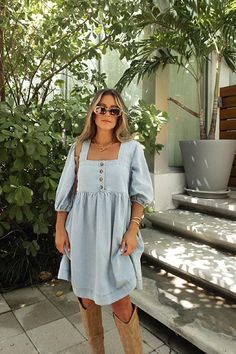 Denim Button Detail Babydoll Mini Dress - Magnolia Boutique Baby Shower Outfit For Guest Summer, Chambray Dress Outfit, Sorority Rush Outfits, Baby Shower Outfit For Guest, Event Outfit Ideas, Denim Dress Outfit, Denim Chambray Dress, Rush Outfits, Hottest Dresses