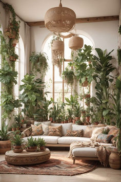 a living room filled with lots of plants and potted plants on top of couches