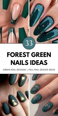 Ombre Pink And Green Nails, Green Color Nails Acrylic, Forest Green Pedicure, Classy Dark Green Nails, Dark Green Almond Nails French Tip, Dark Green Nails Coffin Short, Matte Green With Gold Nails, Forest Green Ombre Nails, Winter Nails Green Gold