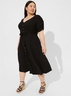 Midi Rayon Slub Button Front Tie DressPlus Size Midi Rayon Slub Button Front Tie Dress, DEEP BLACK Tie Front Dress, Crop Top Sweatshirt, V Neck Midi Dress, Dress Images, Midi Short Sleeve Dress, Classy Women, Tie Dress, Favorite Dress, Black Midi Dress