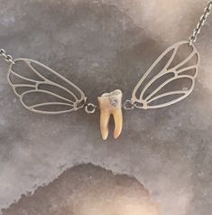 a tooth with wings is attached to a silver necklace on a stone surface and has a diamond in the middle