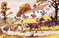 a painting of people riding horses in front of a barn and horse drawn carriages on a country road