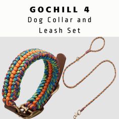 the dog collar and leash set is made from multicolored rope, with an adjustable metal