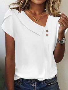 Women's Shirt Blouse Plain Casual White Short Sleeve Elegant Vintage Fashion V Neck 2024 - $19.99 Womens Basic Tops, Plain Shorts, Plain Blouse, V Neck Tank Top, Vestido Casual, Black White Pink, Women Shirts Blouse, Online Tops, Tank Top Cami