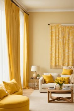 a living room filled with furniture and yellow drapes