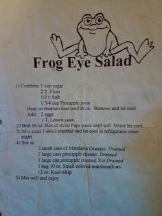 the frog eye salad recipe is written in black ink on a white piece of paper