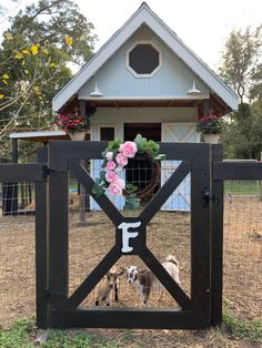 a dog standing in front of a gate with flowers on it and a house behind it