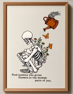 a skeleton sitting on the ground next to a vase with flowers and butterflies flying around