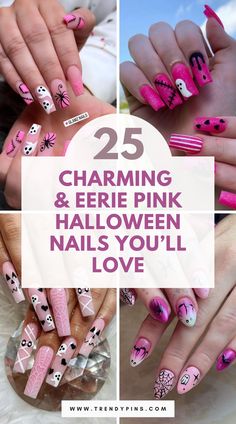 25 Cute And Spooky Pink Halloween Nails For A Unique Twist 3 Girly Halloween Nails Acrylic, Cute Spooky Nails Simple, Girly Spooky Nails, Cute Pink Fall Nails, Spooky Cute Nails, Pink Halloween Short Nails, Pink Black Halloween Nails, Halloween Nail Designs Pink, Halloween Pink Nail Designs