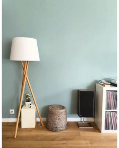 a living room with a lamp, record player and other items on the floor in front of it