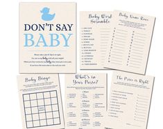 baby shower game cards with the words don't say baby written in blue on them