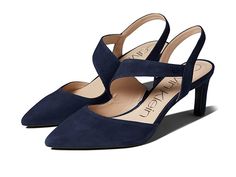 Calvin Klein Larin - Women's Shoes : Navy Suede : The Calvin Klein Larin adds a touch of elegance to your everyday style with a strap that curves across the instep and continues to the heel. Slip on style. Sling back pump in a pointed toe silhouette. Low profile heel. Leather upper. Man made lining and outsole. Imported. Measurements: Heel Height: 3 in Weight: 8.25 oz Product measurements were taken using size 9, width M. Please note that measurements may vary by size. Summer Mother Of The Bride Dresses, 2024 Wardrobe, Wedding Renewal, Calvin Klien, Navy Blue Shoes, Calvin Klein Woman, Sling Back, Bride Dresses, Fall 2024