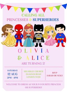 an image of a birthday party with princesses and superheros on the front, in pink