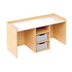 an office desk with two drawers and a white top on the left side, in front of a white background