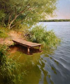 an oil painting of a dock on the edge of a body of water with trees in the background