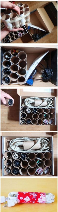 three pictures showing the steps to make an organized drawer with paper and scissors in it