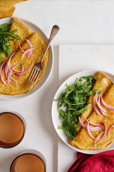 Overhead shot of chickpea pancakes on a plate topped with red onion and next to a salad. Chickpea Flour Pancakes, Good Food Healthy, Crispy Chickpea, Chickpea Pancakes, Quick Pickled Onions, Light Salad, Crispy Chickpeas, Saving The Planet, Tasty Pancakes