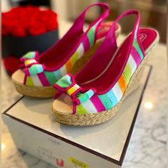 Coach “Grace” Watercolor Wedge Platform Sandal. Size 7.5. Peep Toe With Cute Bow Detail. Canvas Stripes. Fuchsia Trim. Sling Back With Elastic Band, Adjustable Straps. Heel Height 4.5” Platform Height 1.5”. Never Worn. Cleaning Out My Closet And Just Can’t Wear High Heels Anymore Due To Injured Foot. So Cute For Summer! Coach Wedge Heel Sandals For Summer, Coach Wedge Sandals For Summer, Coach Summer Wedge Sandals, Coach Spring Wedge Heel Sandals, Coach Spring Wedge Sandals, Coach Casual High Heel Wedge Sandals, Casual Coach Platform Wedge Sandals, Casual Coach Wedge Sandals For Beach, Coach High Heel Wedge Sandals For Spring