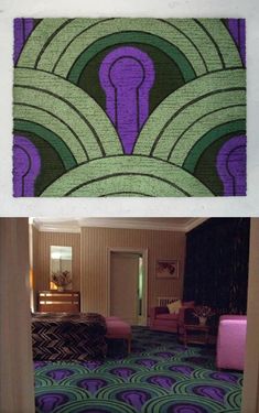 two pictures of the same room with different colors and patterns on them, one is purple and green