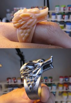 two pictures of a dragon ring being held up by someone's hand in front of the camera