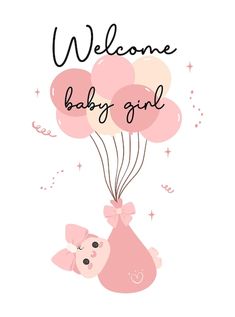 a baby girl is holding balloons with the words, welcome baby girl on it's back