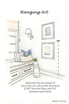 a drawing of a bedroom with hanging art on the wall