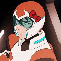 an animated character with a bow on her head and red hair, wearing a space suit