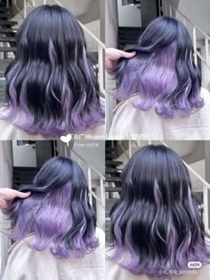 Hair Color Ideas For Short Black Hair, Black Hair With Lilac Highlights, Purple Faded Hair, Purple Hair Highlights On Black Hair, Purple Hair With Black Highlights, Dark Dyed Hair Colors, Hair Color Short Hair Ideas, Black Hair With Purple Ends, Bluish Purple Hair