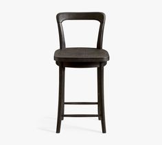 a wooden bar stool with a black seat and backrest, against a white background