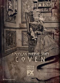 an advertisement for american horror story couvenn with a woman sitting in a chair